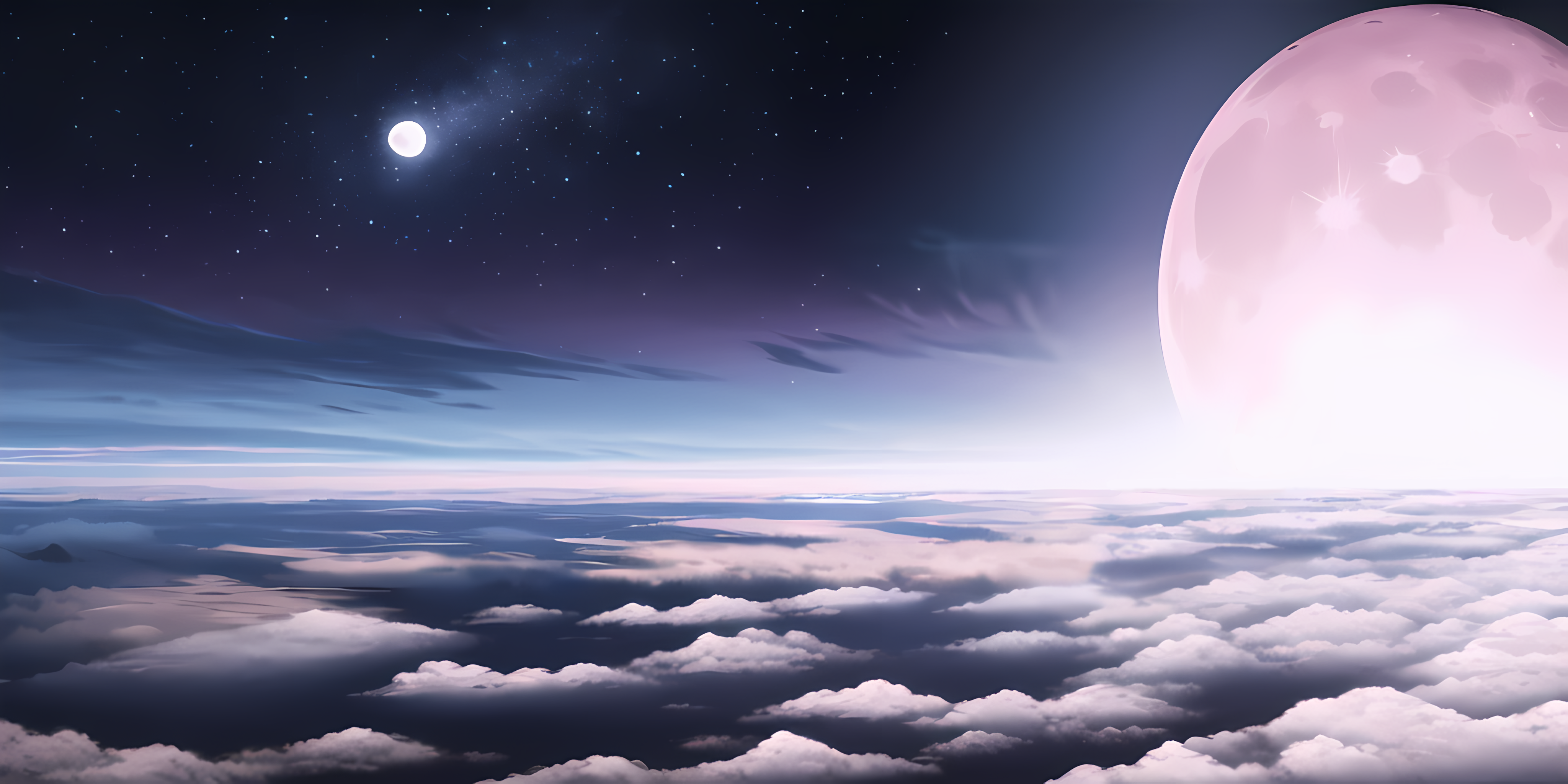 the night sky from a perch far above a sea of clouds, in the distance a huge moon